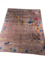 Large Lavender Chinese Art Deco rug featuring seaside life and a full moon with bats