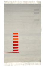 Andrew Boos, Contemporary Kilim, Fiber Art, Textile Art. Off white field with a column of small horizontal rectangles in shades of bright orange are in the lower left hand corner