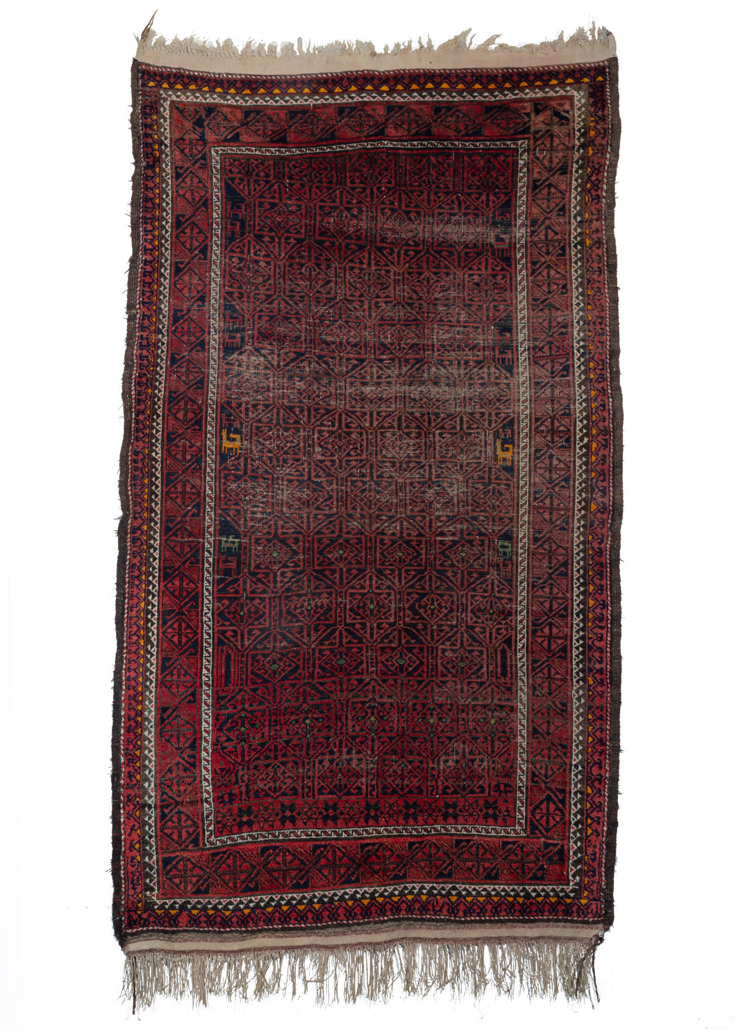 Mid Century Afghani Baluch Area Rug with bright red design on black field and little animals in orange and green