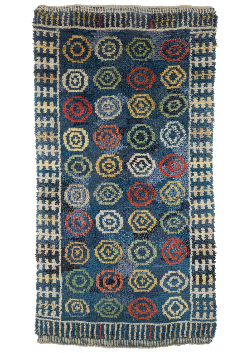 Mid Century handwoven rya rug blanket small runner size blue with rainnbow circles in yellow red green and orannge