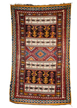 Mid Century Moroccan Ouaouz Area Rug with both sumac weave and soft shaggy pile