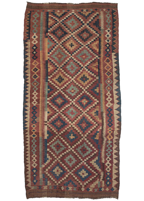 Mid century Afghan maymane kelleghi kilim composed of a stepped-diamond pattern in light and dark blues, ivory, and ochres. The minor borders are composed of interlocking combs in blues, browns, ochres, and reds, while the main border continues the diamond theme on a smaller scale. The outer borders lend a nice punch with a red-outlined sawtooth design in alternating colors. 