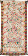 Mid century Kutch Dharaniya Embroidery featuring a free-hand design of trees, birds, and rosettes, embroidered in a rainbow of colors alongside lovely mirror-work. We find yellows, oranges, greens, and pinks, on a soft ivory ground. The border is black with mirror-work embroidery resembling suns.