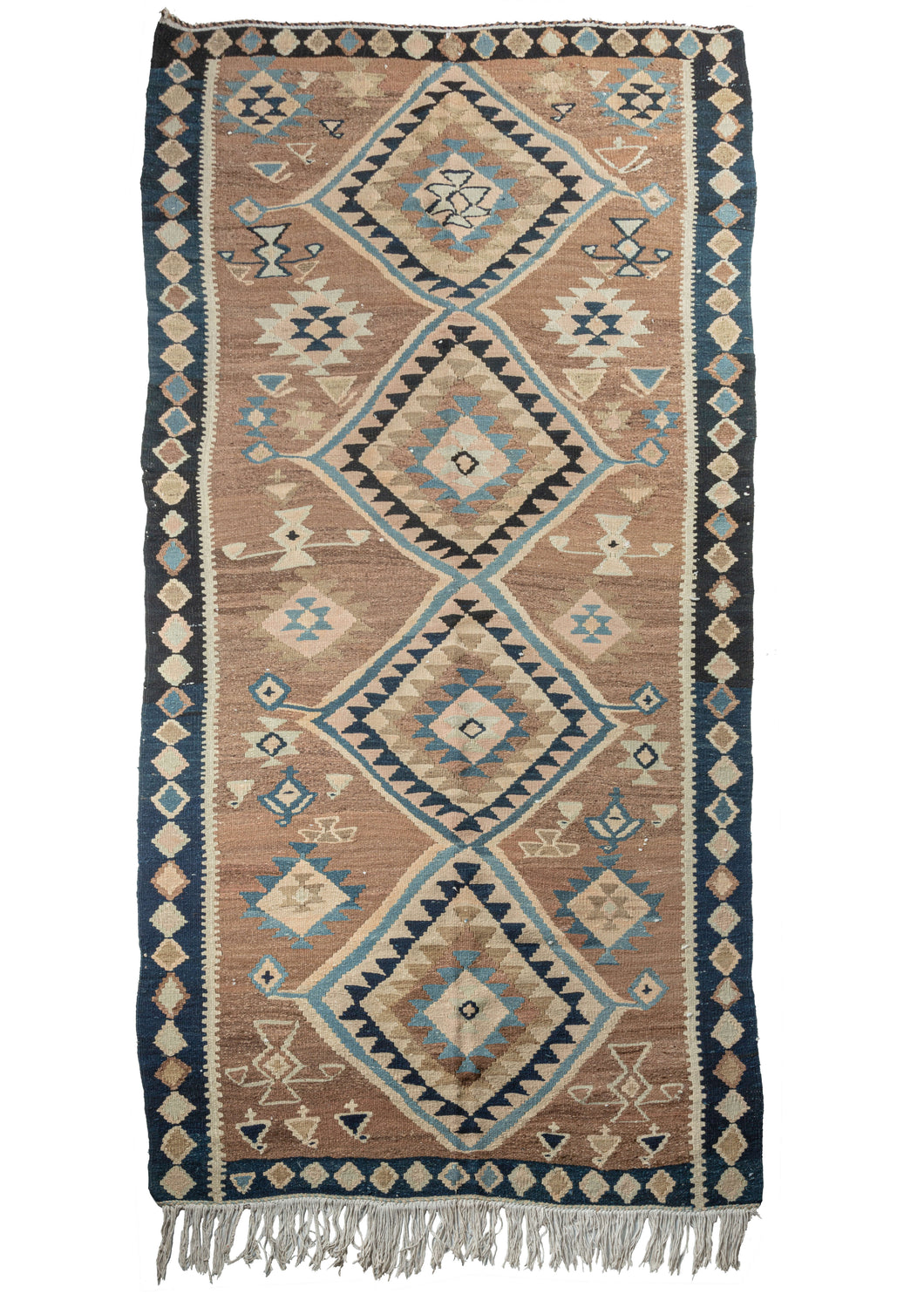 Mid century Shiraz kelleghi runner kilim featuring a design of four vertical diamonds, with concentric zig-zag lines. Shapes and symbols fill in the negative space on the camel field. The border continues the diamond motif with small diamonds in shades of brown on a deep blue ground. 