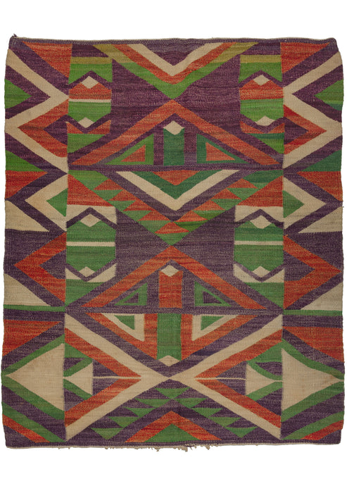 This Mid Century Scandinavian Kilim features a wonderful combination of triangles in an uncommon palette of green, purple, red, and ivory. The pattern has an electric feel accentuated by the asymmetry of the patterning and the striking side panels.  In very good condition, signs of wear consistent with age. Flatwoven, with a sturdy handle. 