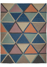 This Contemporary "Swedish" Kilim features an allover field of triangles in indigo, turquoise, orange, lavender, gray, ivory, and charcoal. Thick outlines around each triangle alternate in different color combinations and overlap with one another adding dimensionality. The hand is visible and adds movement to the thick blocks of color.   In excellent condition, with good dyes and strong weave. Flatwoven, with a sturdy handle.
