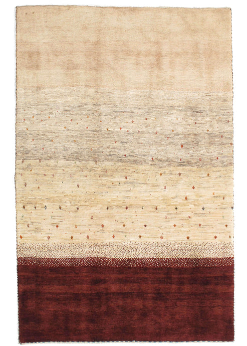 Contemporary Modern Minimal South Persian Lori Gabbeh rug with undyed cream area and also burgundy stripe