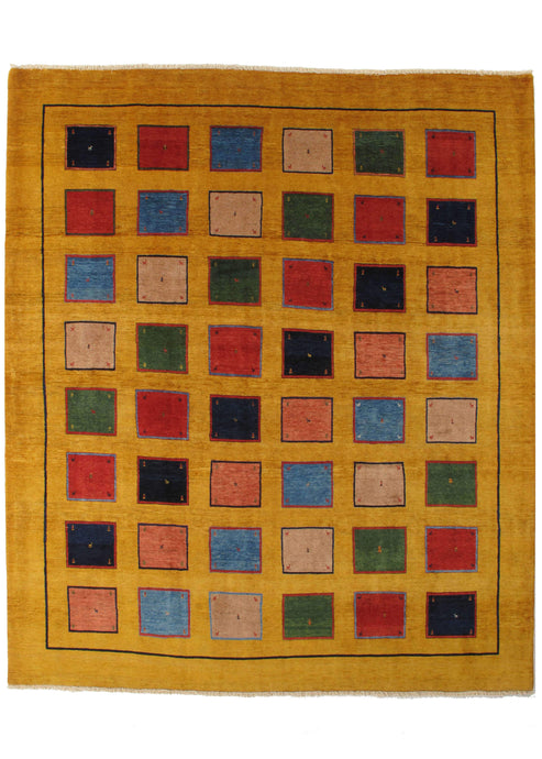 Contemporary Modern Colorful YELLOW handwoven South Persian Lori Gabbeh Room size rug with colorful blocks design