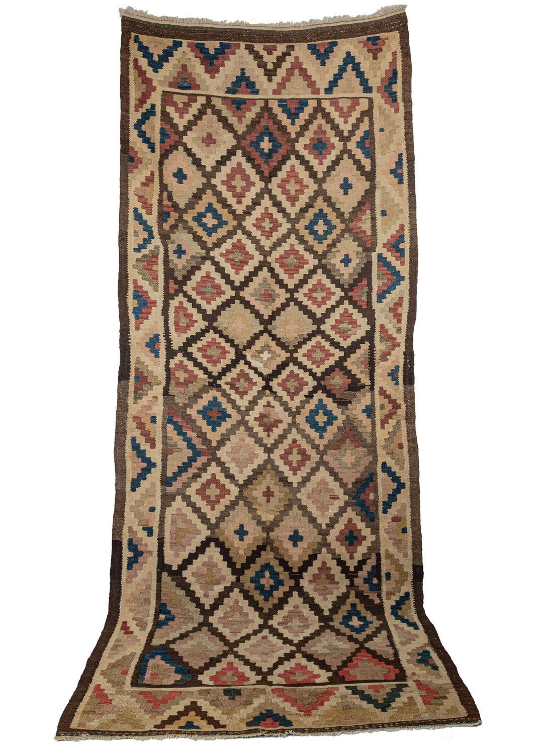 Kurdish Kelleghi kilim composed of a stepped-diamond pattern in light and dark browns, ivory, red, yellow and soft pink. The pattern has moments of distortion which add interest. The border is composed of in alternating diamonds in the same tones and create a zigzag.