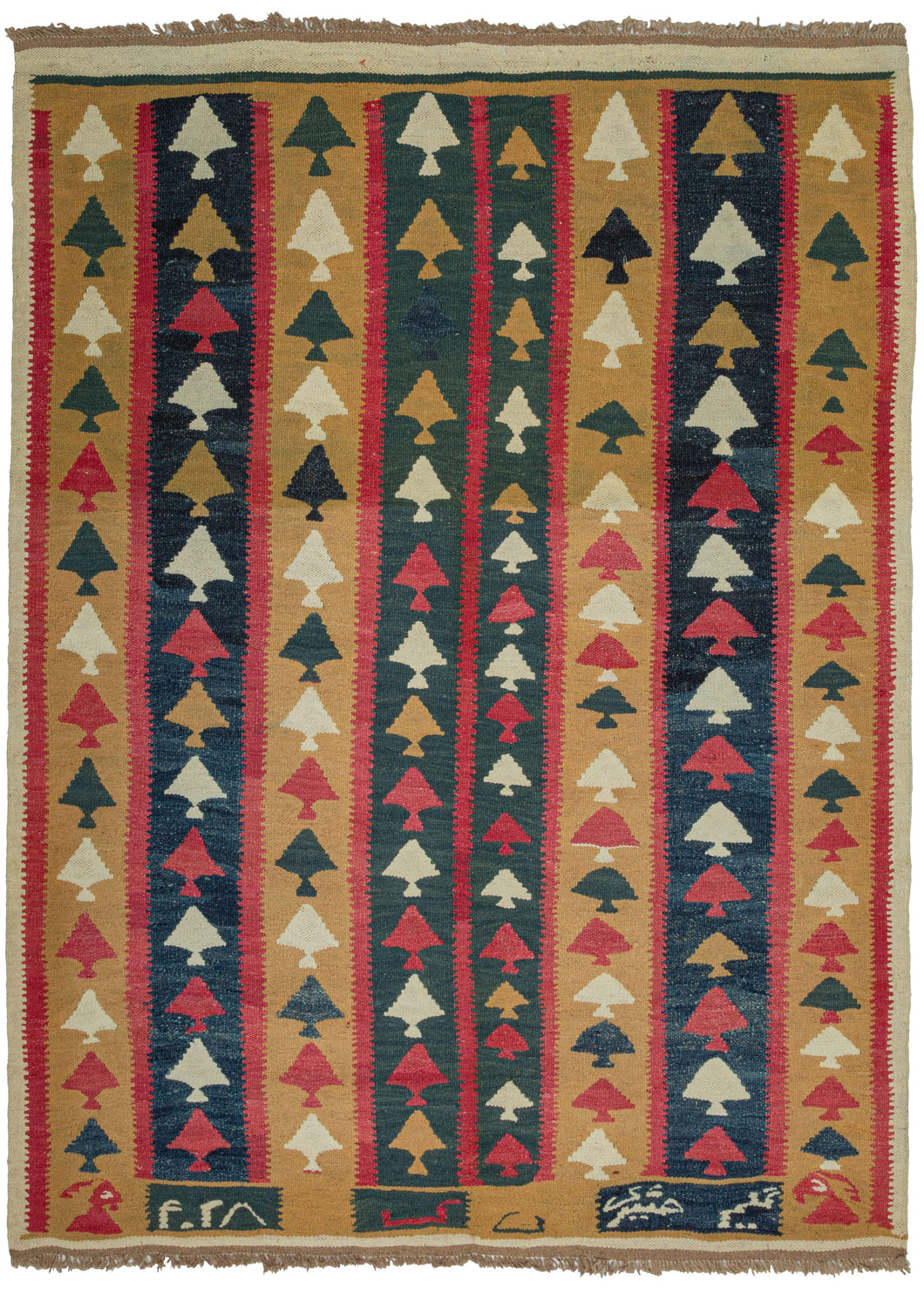 This Contemporary N Persian Kilim features columns of polychrome spade-like or vegetal forms on yellow and green ground tones delineated by thick red lines. The likely unintentional shift in scale adds visual interest and personality to the piece.