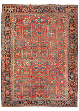 This All-over Straight Leaf Heriz Rug features a graphic all-over design of geometric rosettes and sawtoothed serrated leaves that are rendered with better "posture" than the more common curved leaf motif.  It utilizes saturated yet soft tones of blues, reds, yellow and soft pink on a brick ground. The main border is composed of a reciprocating palmette design on deep midnight blue, surmah ground.