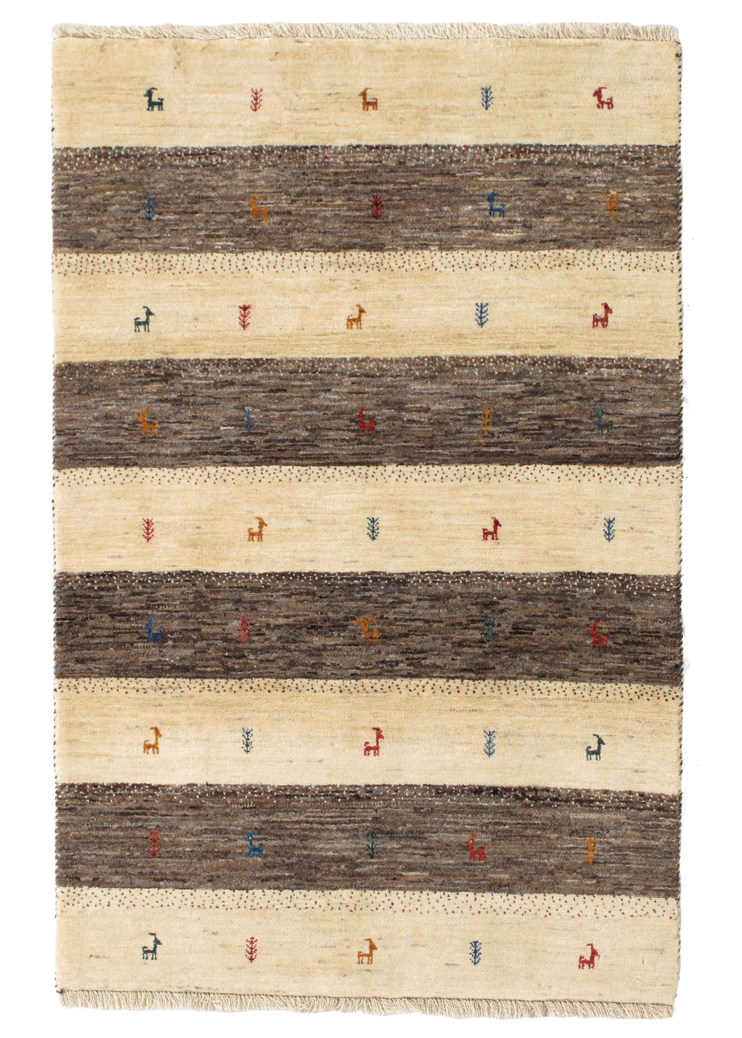 Contemporary Neutral Natural Handwoven Modern South Persian Lori Gabbeh Rug with dark brown and cream stripes and small animals and plants