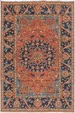 Heriz style rug featuring classic Heriz patterning but with the less rounded central medallion often associated with Armenian woven Herizs. A wide but soft-spoken palette that is well-balanced plays off of contrast. The main border is composed of blossoming palmettes on thick and visually interesting meandering vines that lend drama to the rug. It utilizes high-quality Ghazni wool and natural dyes making a hard-wearing new production piece that properly honors old techniques and craftsmanship.