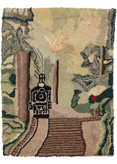 This simple and playful rug features a black locomotive approaching the station. It is coming in head-on against a lush background of vegetation represented in blocks of yellows greens that have softly faded with age.