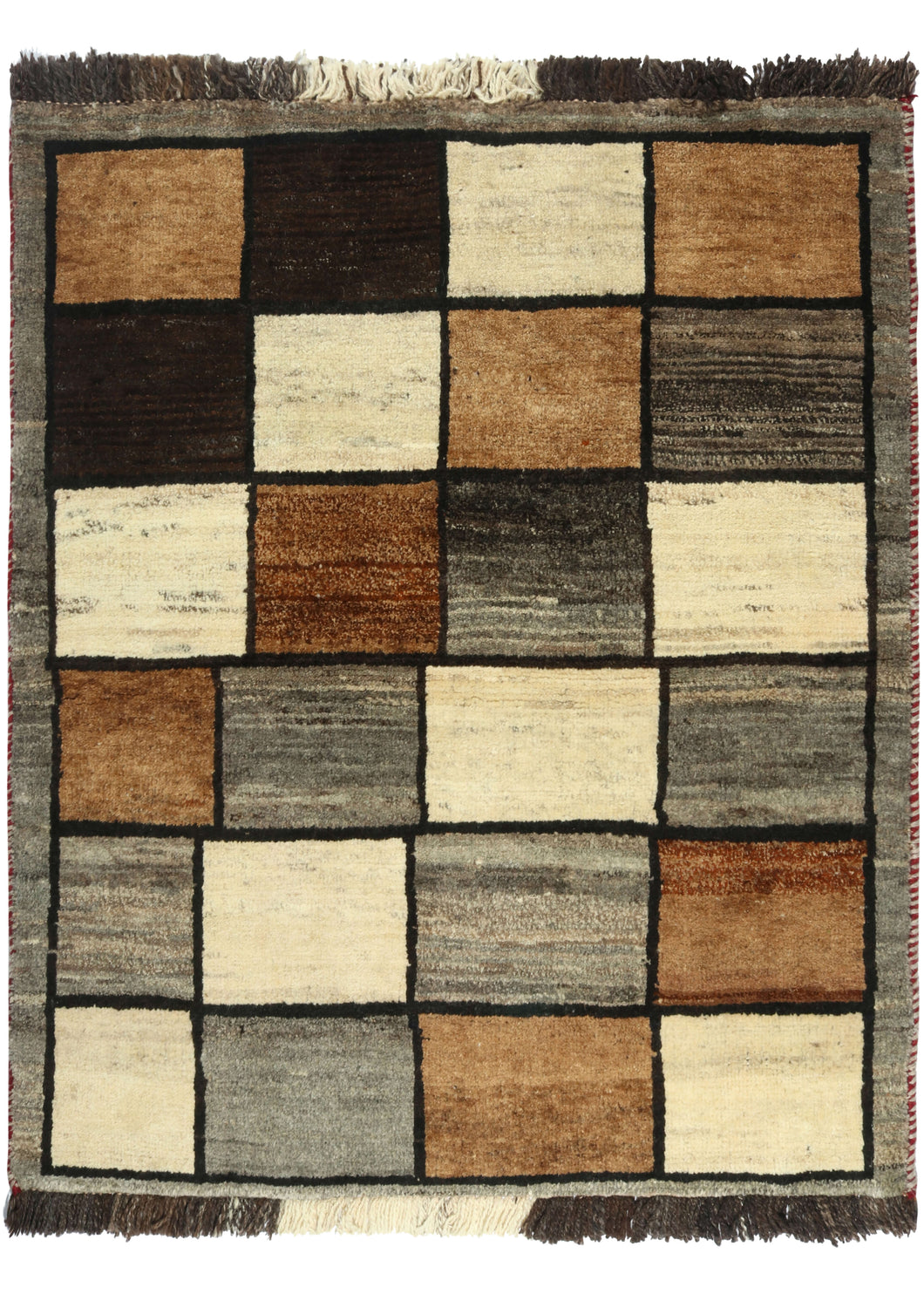 This Vintage Checker Gabbeh Rug  features a field of checkered squares composed of a variety of variegated tones of undyed wool in shades of gray, beige, and dark and light brown. The squares are neatly yet imperfectly ordered slightly shifting in scale. Each square is clearly delineated in a dark brown outline and the whole composition is framed by a gray band. Both light and dark handspun wool warps were used which add visual interest to the fringes. The pile is densely woven, making this a plush rug.