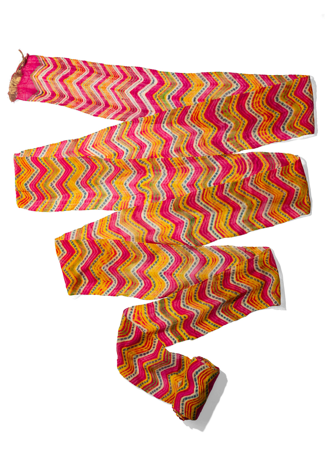 Rajistani Lehriya Turban, long cotton flat woven textile with wave design in magenta, yellow and green dots