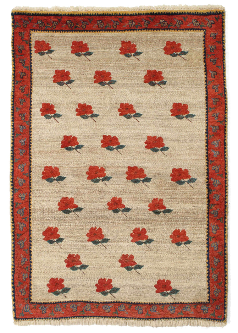 Vintage red rose handwoven South Persian Lori Gabbeh Area Rug