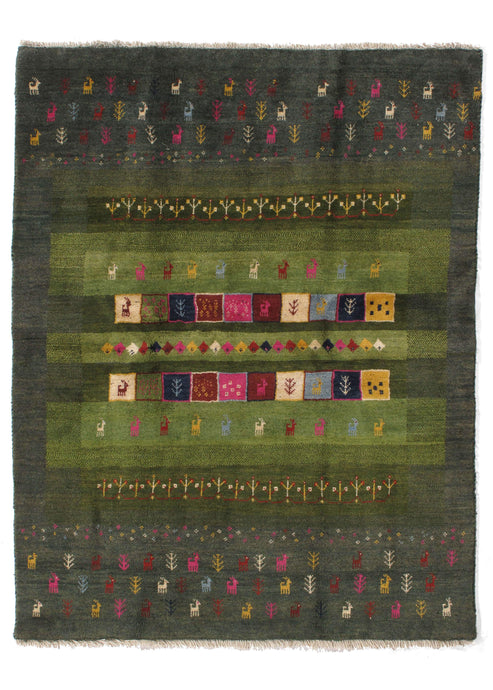 Contemporary Modern Green Colorful Handwoven South Persian Area Rug featuring small woven animals and plants