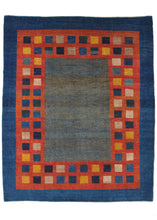Contemporary Modern Colorful Handwoven South Persian Gabbeh Area Rug with blue border and red border with colorful boxes