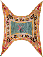 Silk Mid century Rabari camel cover featuring brightly colored applique in a very distinctive format. This format is made by the Rabari people of the Kutch region of Gujarat and specifically for a camel. In Fair condition with some wear and color run. Some of the fabric and metallic have worn down.