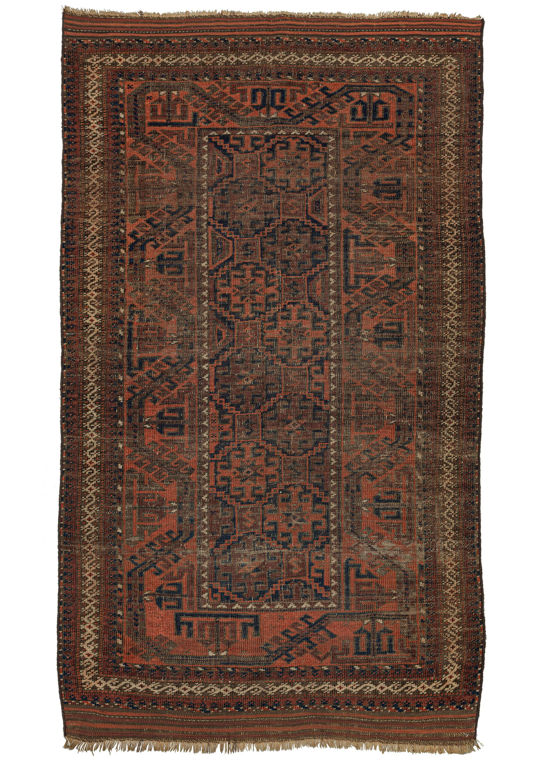 This Orange and Blue Baluch Rug features a thin field of latch hooked devices on a lattice grid only two columns wide.  A thick Turkmen line border that slithers around the perimeter and is further framed by a thin ivory scroll border composed of what may be an abstracted dragon motif. It utilizes a limited palette of orange, blue, brown, and ivory throughout. The play of scale and rhythmic use of negative space create an effective rendition with lots of movement for such a restrictive palette.
