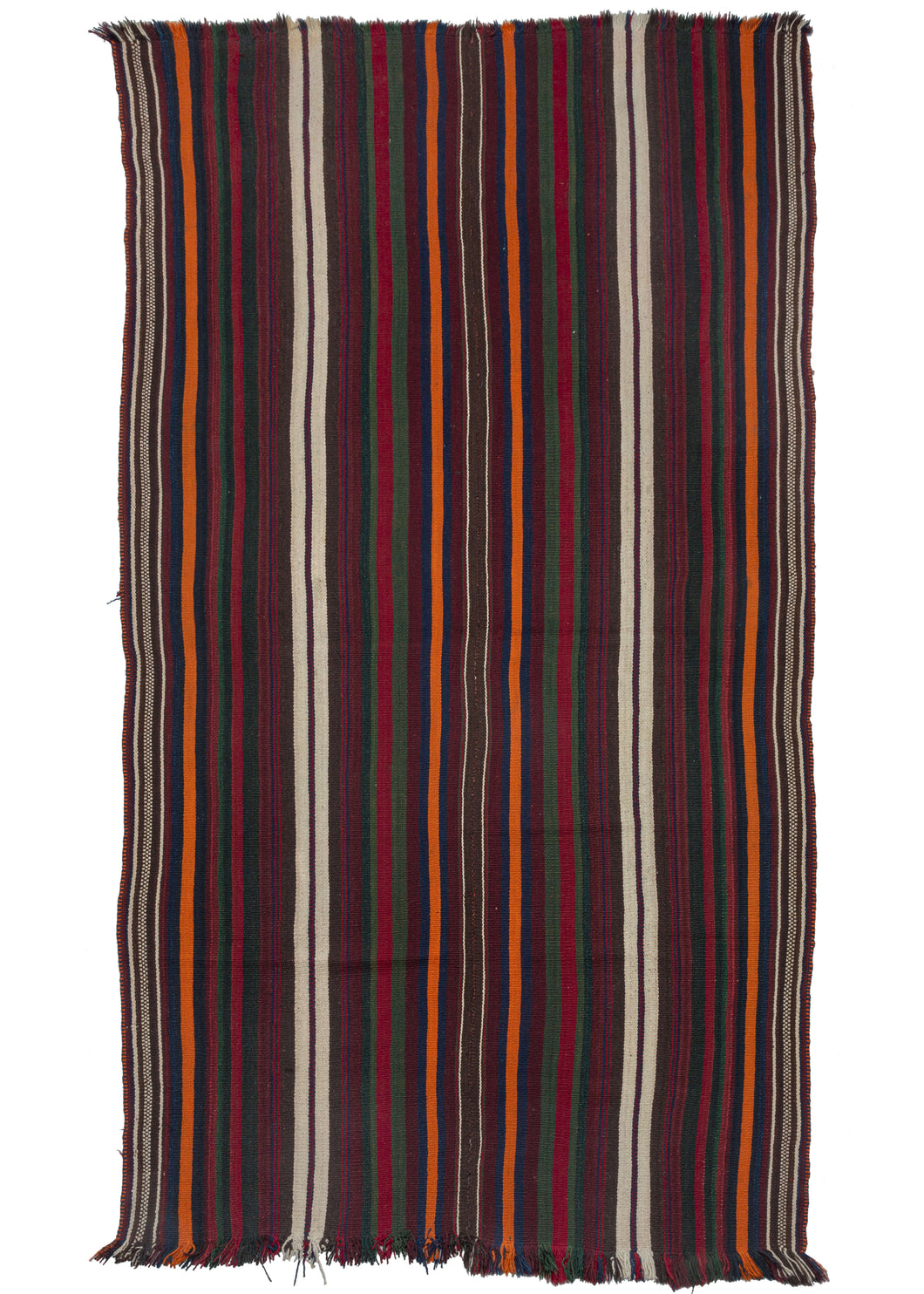 South Persian Qashqa'i warp facing kilim featuring simple yet striking stripes along the length of the runner in orange, green, blue and prominent shades of red and maroon. Symmetrical in its patterning, two bold double white stripes pop on either side.