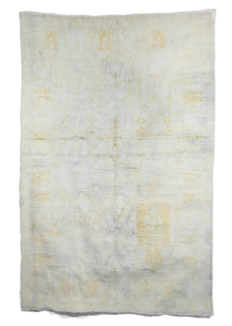 Vintage Turkish Keyseri Rug made from pastel turquoise mercerized cotton with a faint architectural design in gold tones