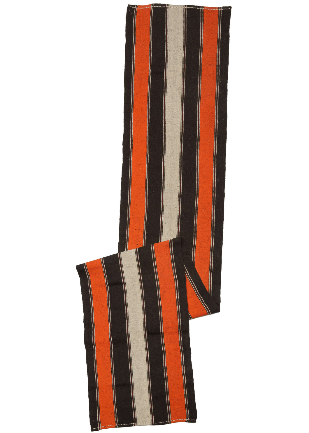 Turkish goat hair kilim runner composed of vertical stripes in blocks of orange, brown, and white with burgundy highlights. There is a central white stripe, followed by alternating black and orange stripes. Thin burgundy stripes outlined in white provide definition to the design. Goat hair is mixed in with the wool, making this a very sturdy and hard-wearing rug. 