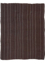 This Turkish Tent Kilim features thin chalky white stripes of cotton on an expansive dark brown ground composed of goat hair.  There is a central white stripe, followed by alternating black and orange stripes. These sturdy and hard-wearing goat hair kilims were woven in various strips and usually intended as tent rugs.