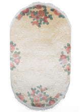 Vintage Oval Carved Cream Chinese Art Deco Rug with Flowers