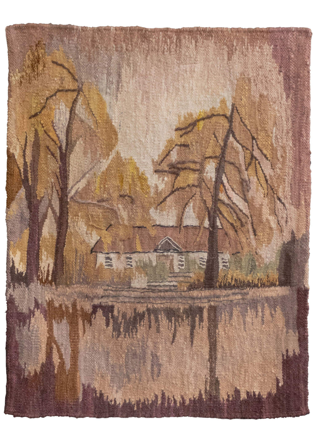 Vintage Polish tapestry by Bożena Bieniowska featuring a country house on a lake surrounded by trees. In earthy tones in perfect condition