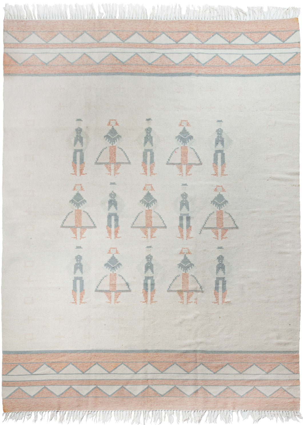 This Mid Century Polish Kilim features rows of alternating men and women in traditional costume on an expansive ivory ground. The ends are composed of heathered coral and ivory stripes and triangles that are outlined in gray and have a zig-zag feel.