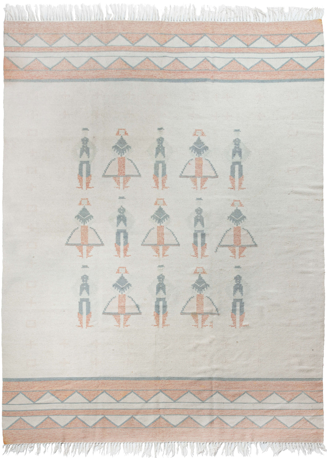 This Mid Century Polish Kilim features rows of alternating men and women in traditional costume on an expansive ivory ground. The ends are composed of heathered coral and ivory stripes and triangles that are outlined in gray and have a zig-zag feel.