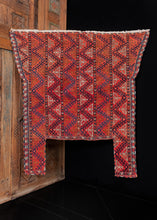 Yomud Turkmen horse-trapping, handwoven in C Asia during the first quarter of the 20th century. It features a hooked zigzag design arranged vertically in columns. The color palette is composed of the classic Turkmen colors: blues, reds, whites, and browns, with a bright orange providing a pop of color. The fine and dainty border follows the shape of the weaving and is non-contiguous. Notice the multicolor edging that alternates between red, blue, white, and orange.