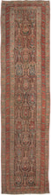Antique Persian Serab runner featuring large-scale botehs growing on vines and surrounded by tiny rosettes on a chocolate ground. Framed by a main border of pulsating green "S" scrolls on a feisty lacquer red ground. The main border is flanked by matching minor borders of alternating polychrome rosettes.  