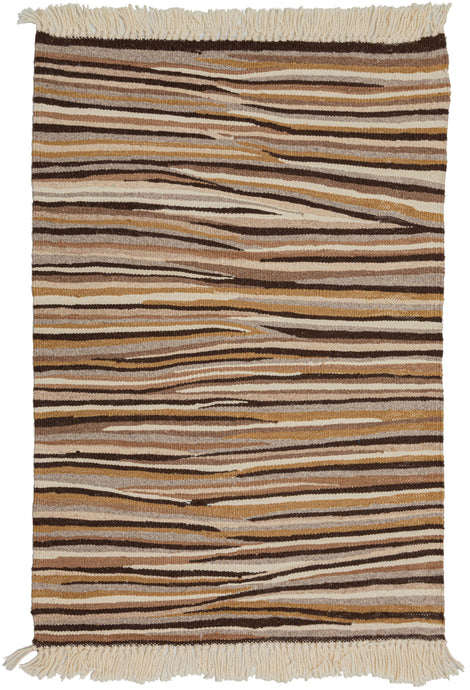 contemporary  turkish kilim featuring rows of free-flowing wavy lines in tones of ivory, gray and various shades of brown. It is woven of undyed handspun wool that has been separated into various natural tones and woven in blocks. The organic flow of the lines are reminiscent of natural patterns found on the grain of wood or an animal pelt. Made in a manner uncommon for modern production, this is sure to be well crafted for future generations. A small but impactful piece.