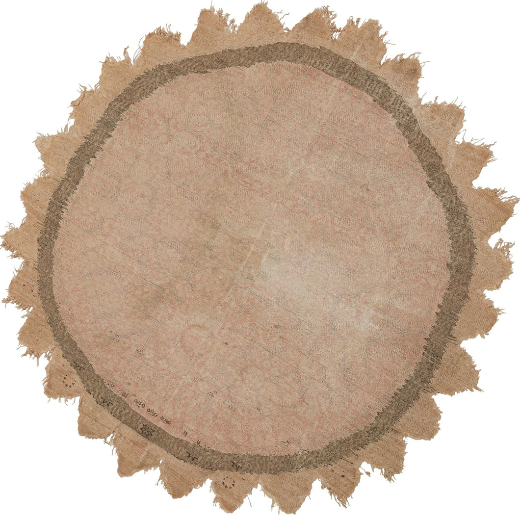 This Round Kayseri Rug w/ Metal Thread features a wonderful sun-like shape and the ghost of what was once a tight soft red pattern of mercerized cotton and still prominent metal halo border. Fun shape with interesting materiality and a touch of mystery. 