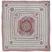 Antique Kantha featuring a vibrant central lotus mandala on a colorful backdrop of abstracted forms and pinwheels. The pattern flares out from the center in a series of concentric squares with concave corners that make room for pinwheels on the diagonal. Great visual movement and energy appear to emanate outwards like a firework exploding in slow motion.
